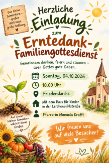 Erntedankfest-Familiengottesdienst am 4.10.26, 10 Uhr, Friedenskirche
