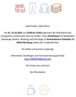 Kinderbasar Gemeindehaus Palmplatz am14.10.2023, 10-13 Uhr