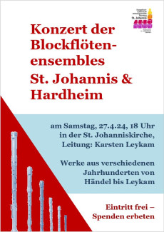 Konzert der Flötenensemble St. Johannis + Hardheim 27.4.24, 18 Uhr, St. Johanniskirche
