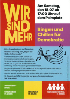 Singen und Chillen für Demokratie am 18.7.26, 17 Uhr, Palmplatz